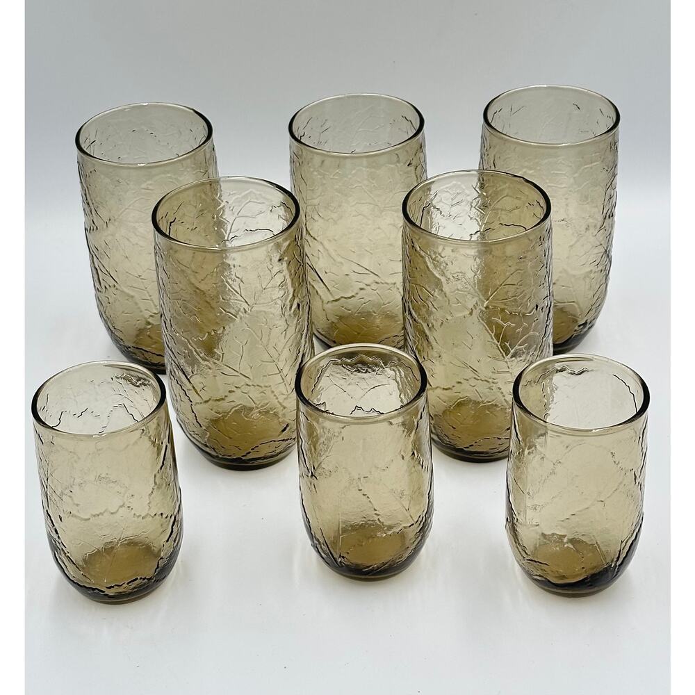 Anchor Hocking Vintage Brown Sherwood Crinkle Juice & Water Drinking Glasses 8pc - Picture 2 of 8